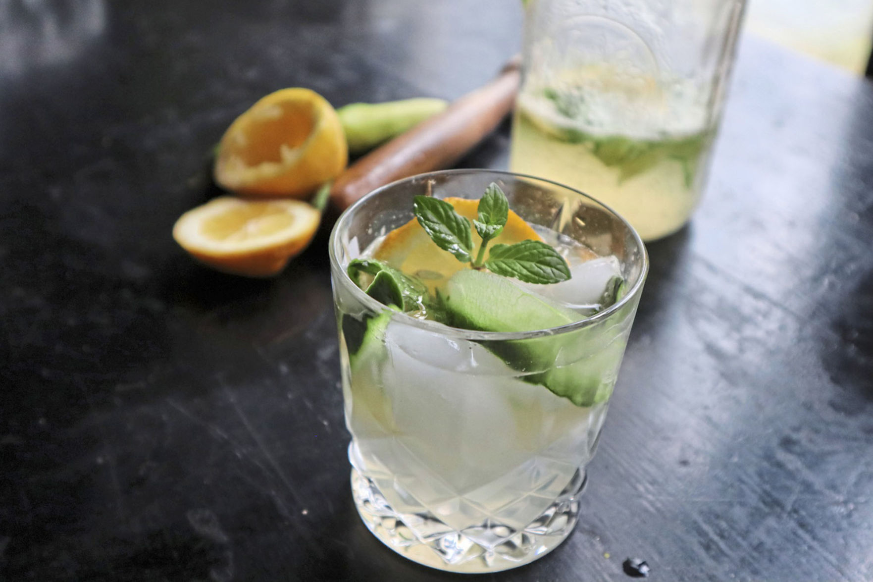 Nobody can complain about too many mocktails. This one is made with cucumber, lemon, mint and selzer water.